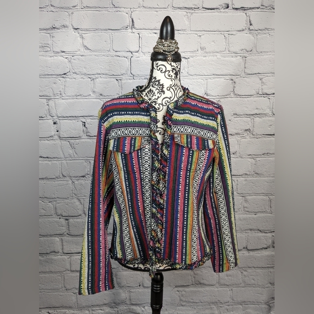 Chico's women's long sleeve woven open front size 1 jacket pockets ruffle BBIN